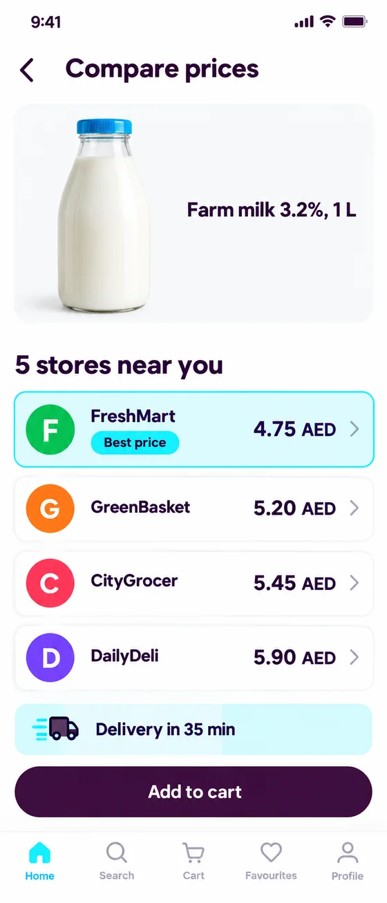 Goodiny price comparison: one product in five nearby stores with the best price highlighted