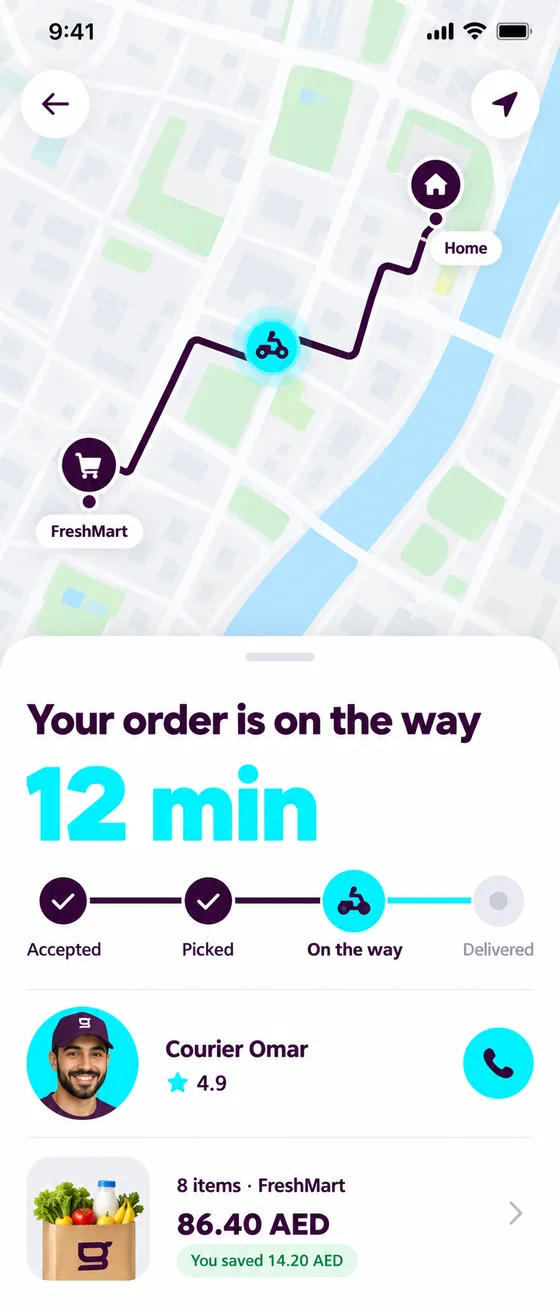 Goodiny order tracking: courier on the map, 12 minutes to delivery