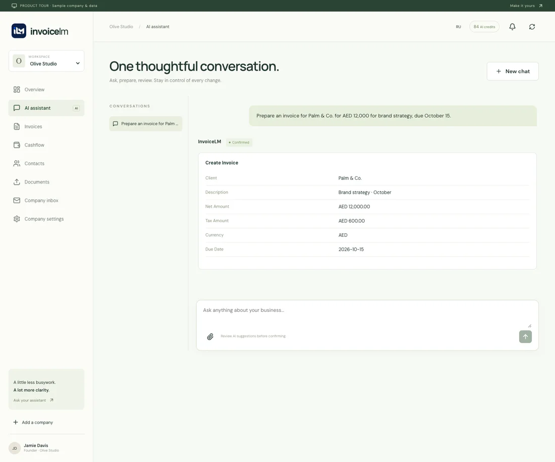 InvoiceLM web app: the AI assistant prepares an invoice for Palm & Co. from a chat message