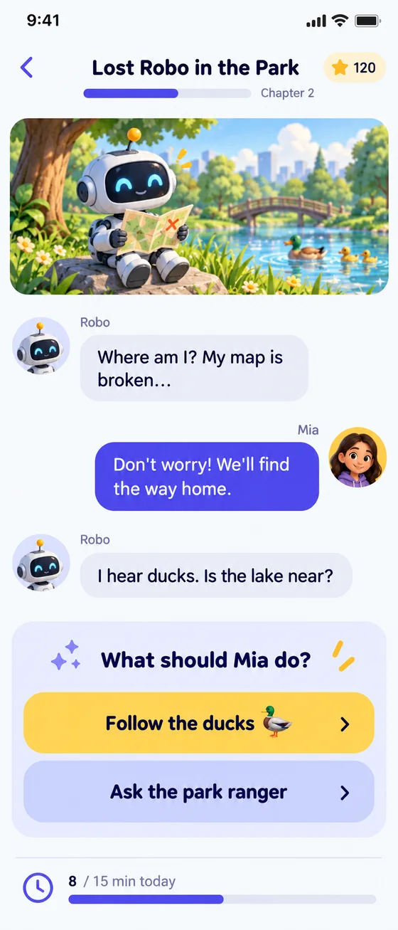 KidRead story screen: a chat between Robo and Mia with two choices for what happens next