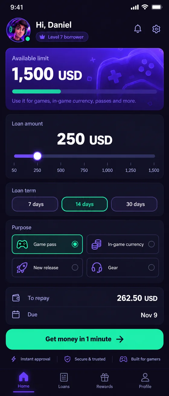 Loan request screen: 1,500 USD limit, 250 USD amount, 14-day term and purpose