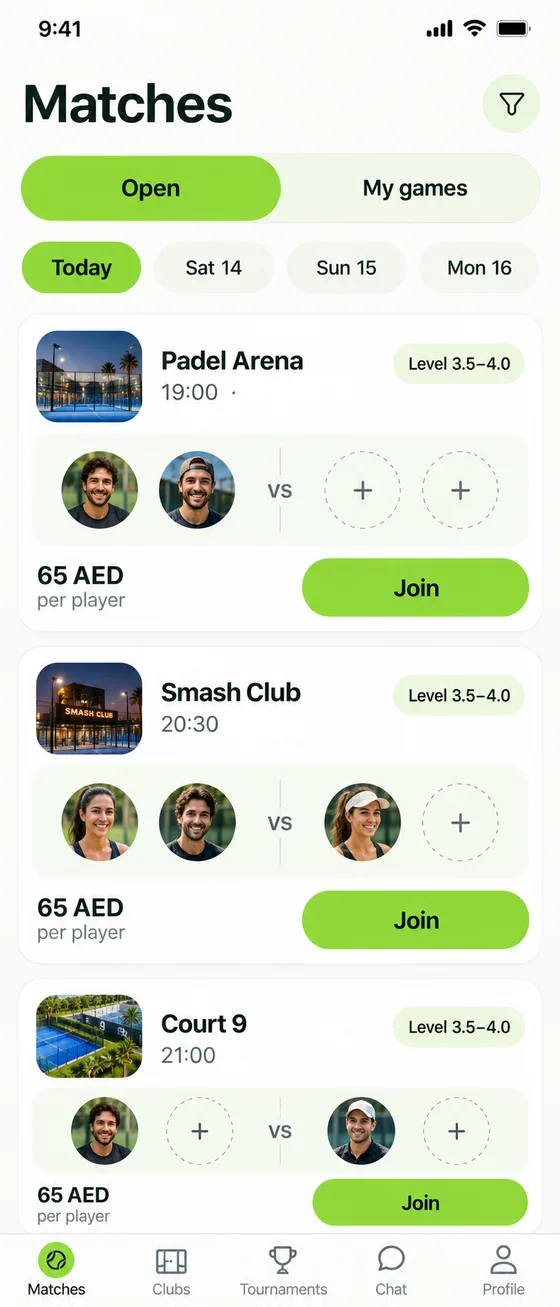PadelMe matches feed: open games by club, time and level with free slots