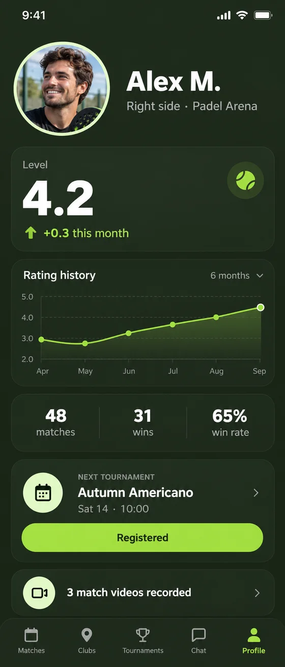 PadelMe player profile: level 4.2, rating history chart and next tournament