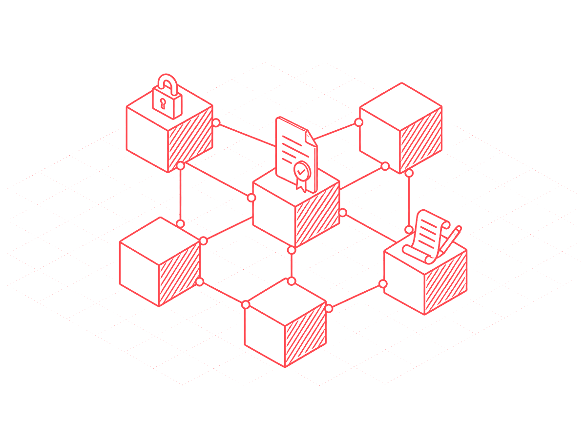 Isometric line drawing: a network of linked blocks with a verified document, a padlock and a contract