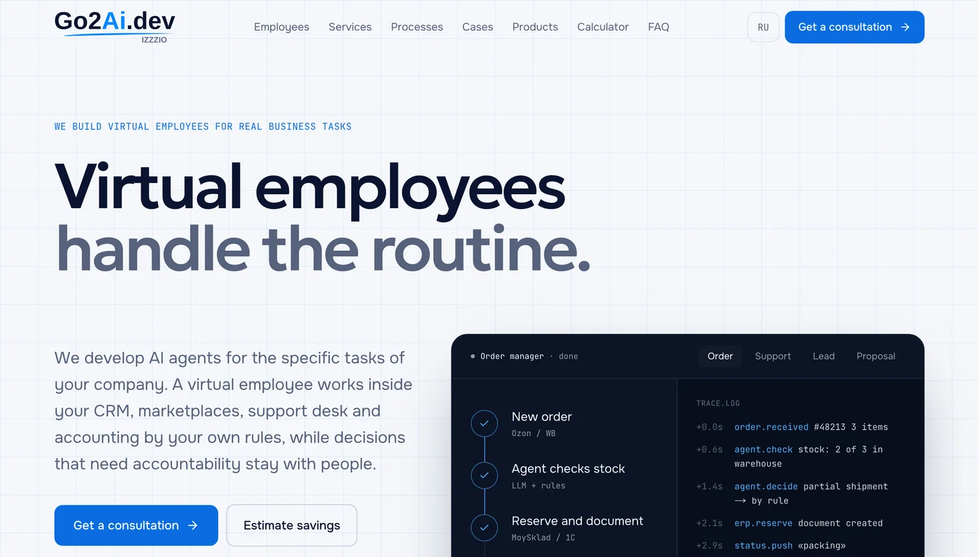 Go2Ai website: virtual employees handle the routine, with an order-processing agent log