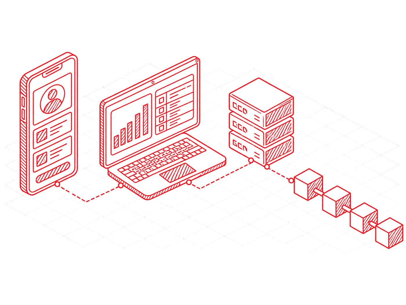 Isometric line drawing: a phone app, a dashboard, servers and a chain of blocks connected into one system